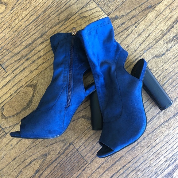 Peep Toe Block Heel Boots Navy Open Back Backless - Picture 3 of 5